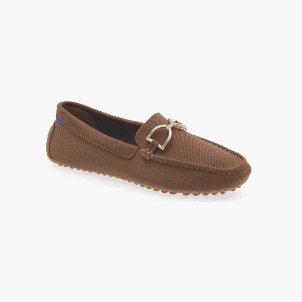 Brown woven loafer with a gold-tone buckle and textured rubber sole.