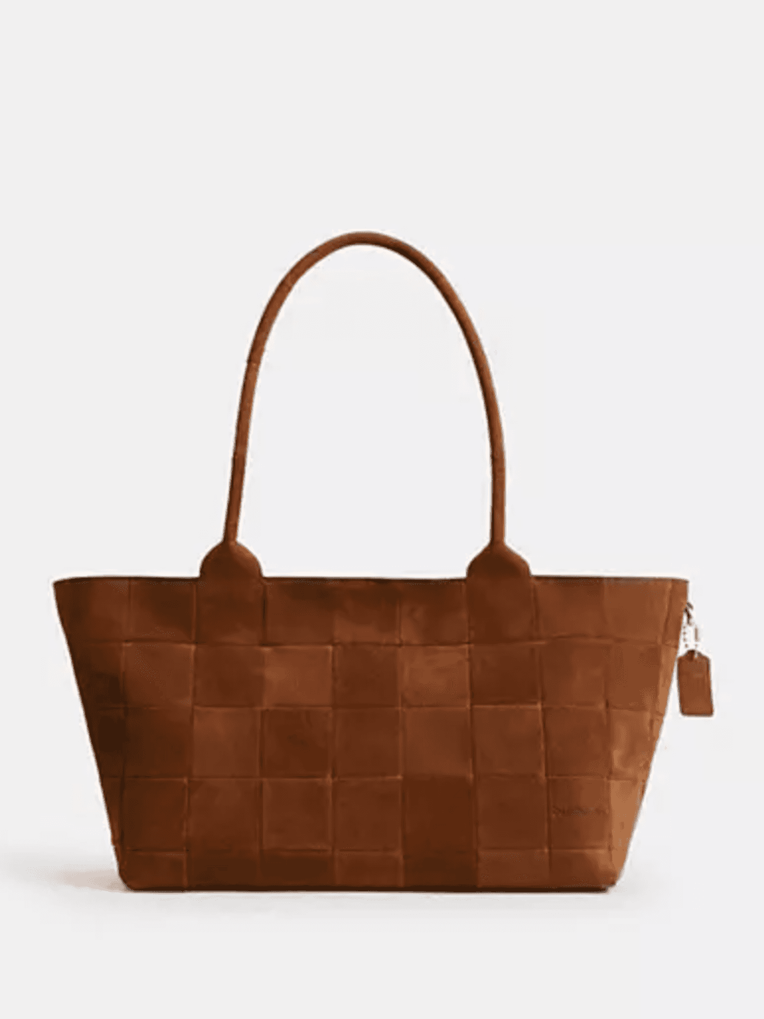 Brown woven tote bag with long handles and rectangular shape.
