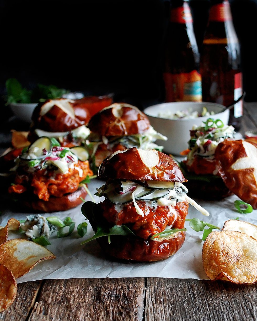 Buffalo Blue Cheese Sliders with Sweet Pickle Slaw