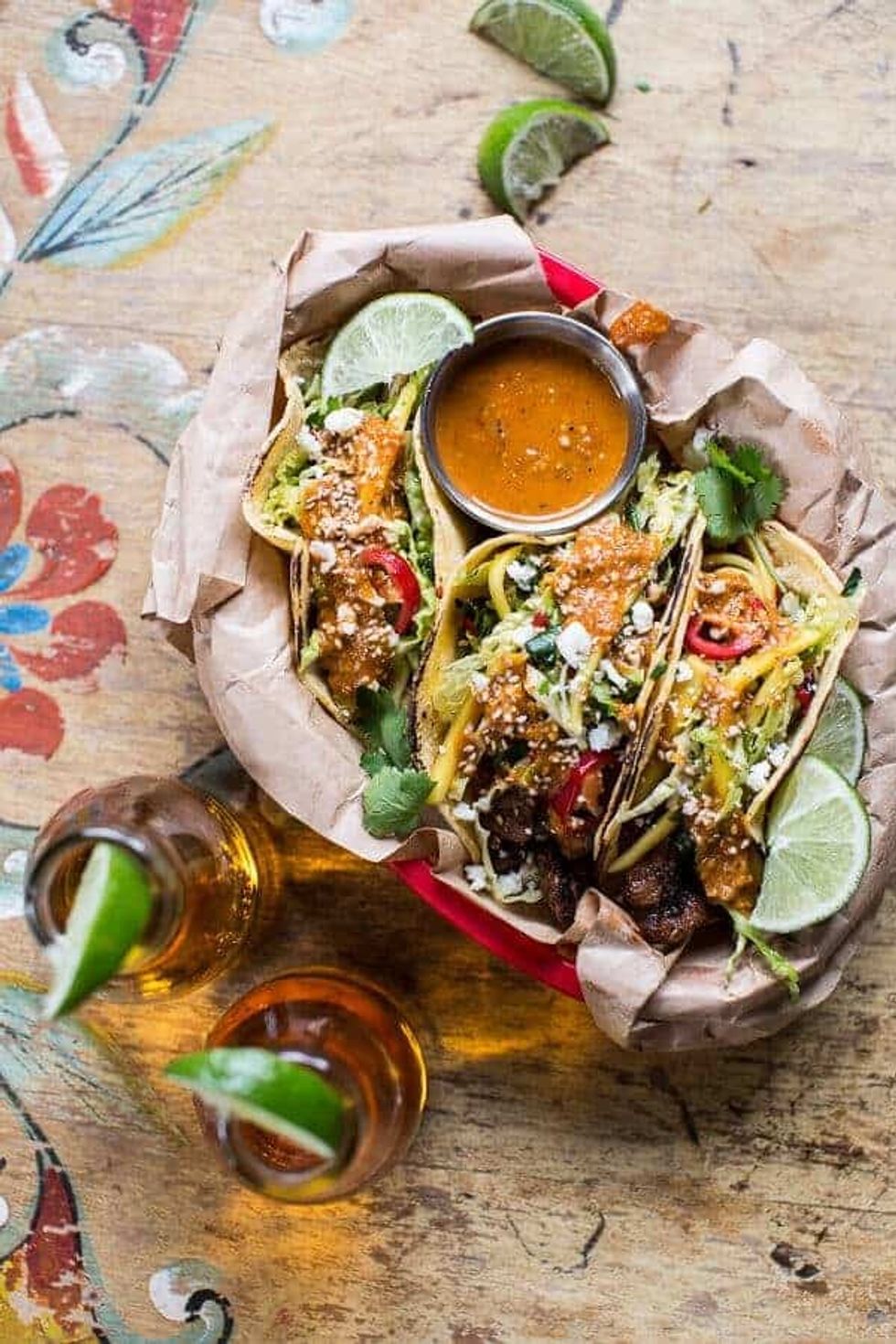 Bulgogi BBQ Pork Tacos with Charred Tomatillo Sesame Sauce + Spring Onion Slaw
