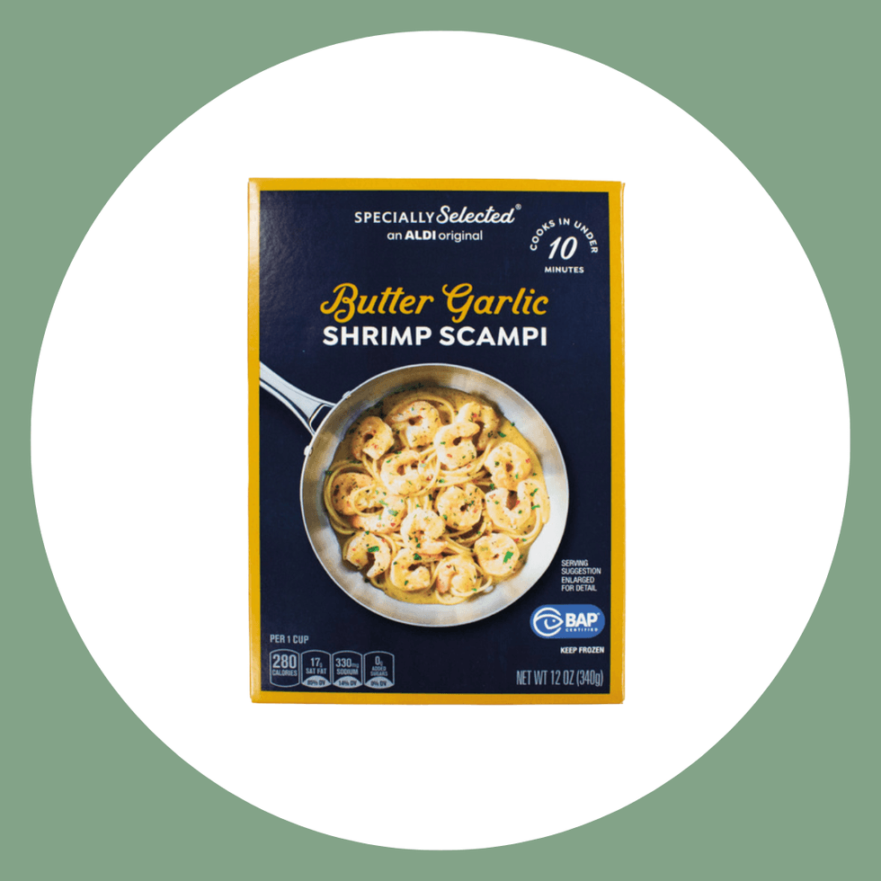 "Butter Garlic Shrimp Scampi package with cooking instructions and nutritional info."