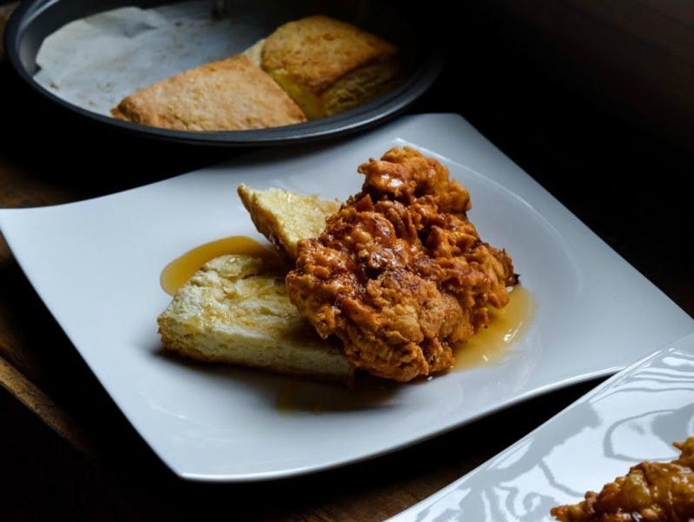 Buttermilk Biscuits with Fried Chicken and Honey Tabasco