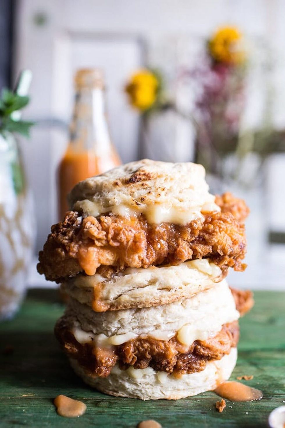 Buttermilk Chicken Biscuit With Habanero Peach Hot Sauce and Honey Butter