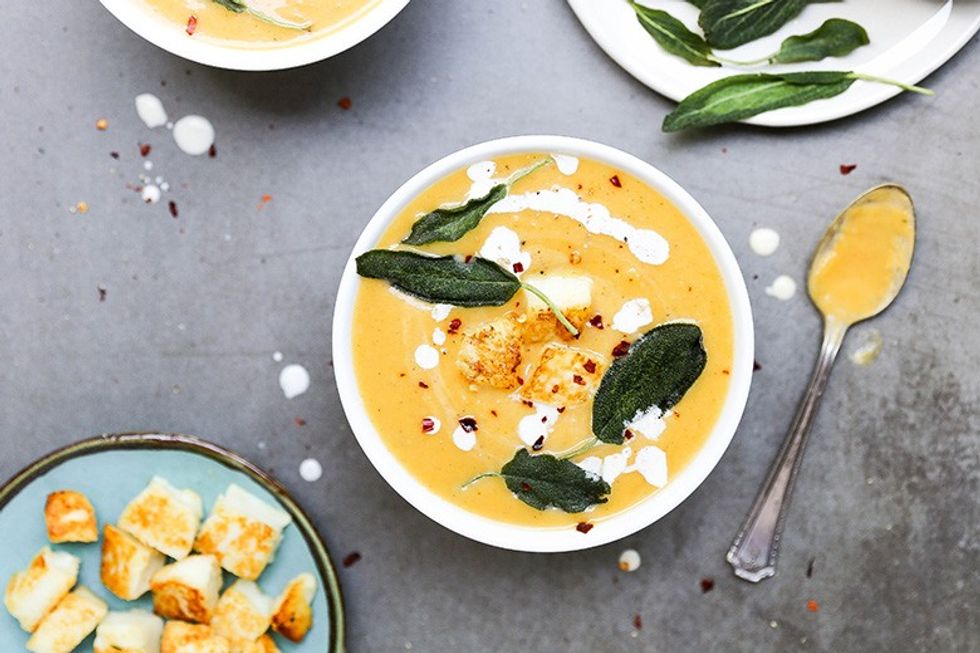 Butternut Squash and Apple Soup with Fried Sage and Halloumi