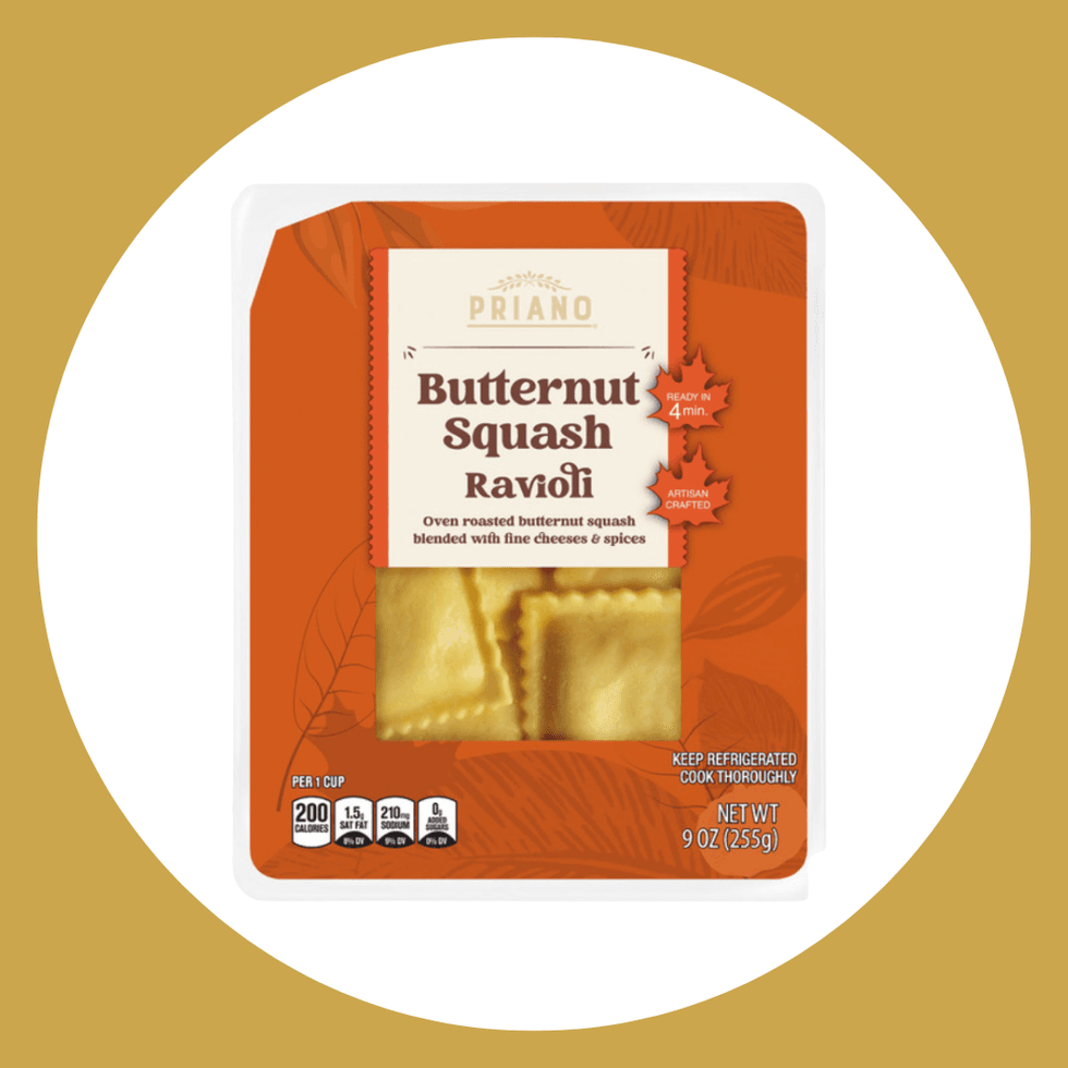 Butternut Squash Ravioli package on an orange and white background.