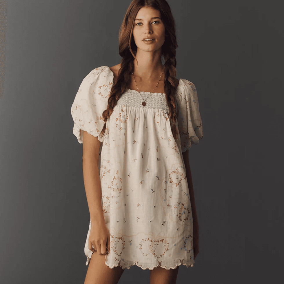 By Anthropologie Embroidered Puff-Sleeve Babydoll Dress