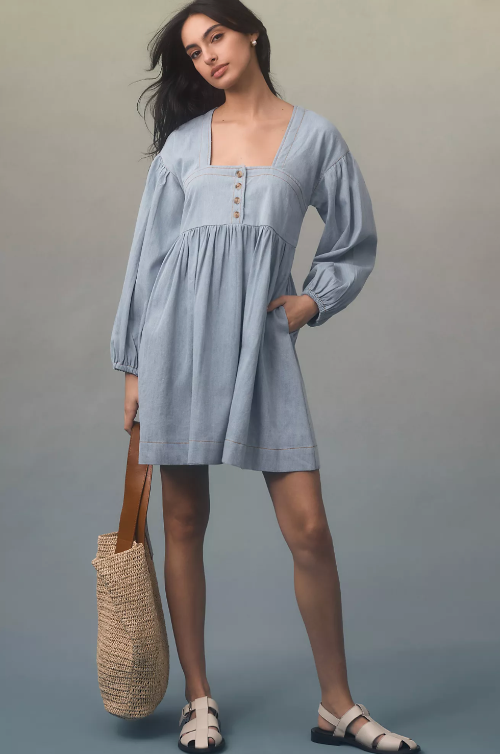 By Anthropologie Long-Sleeve Square-Neck Denim Babydoll Mini Dress