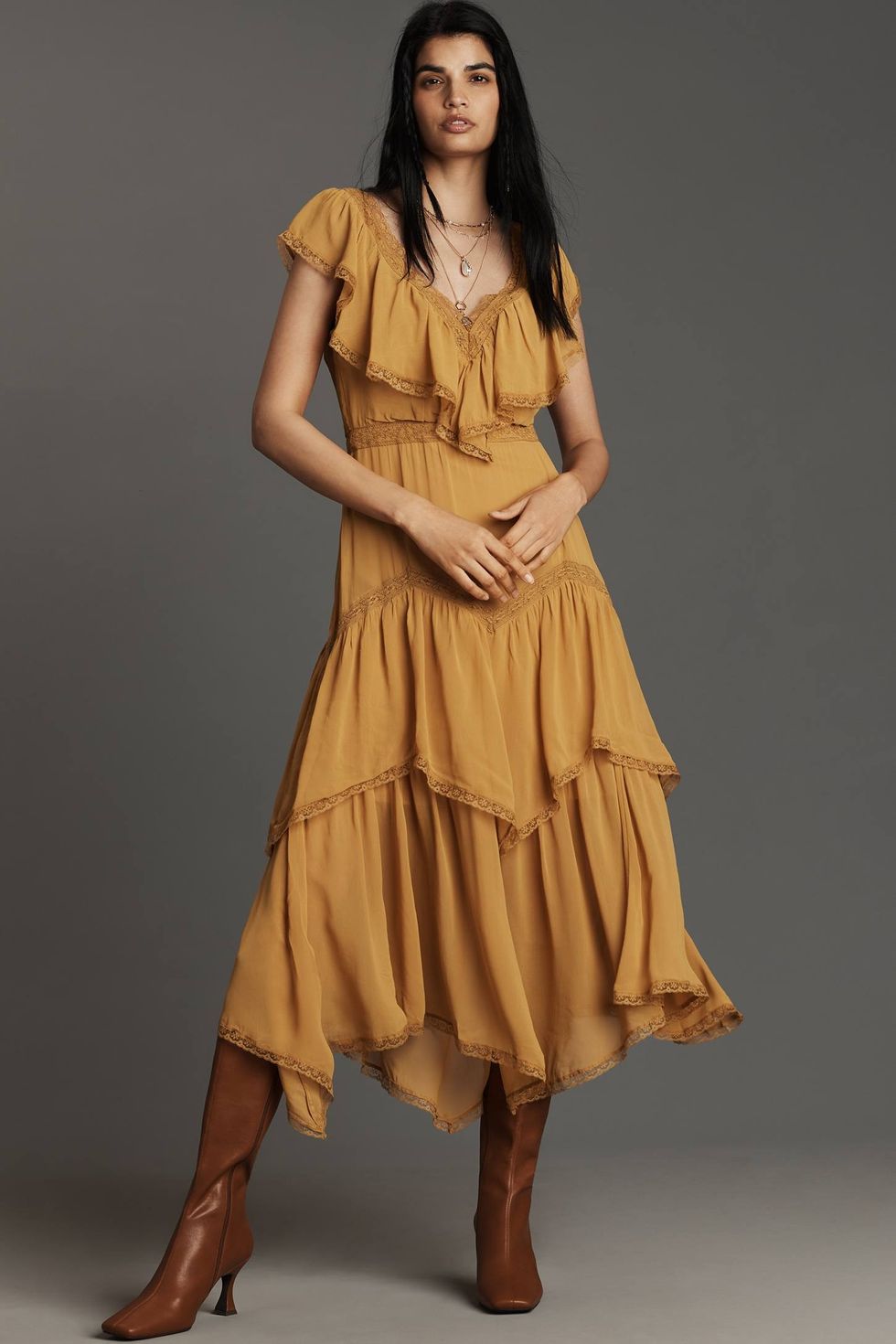 By Anthropologie Short-Sleeve V-Neck Ruffle Midi Dress