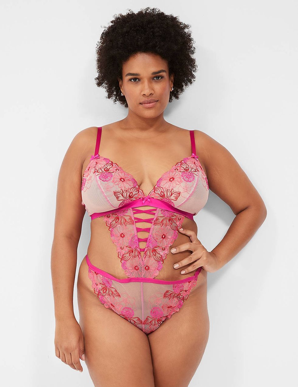 Cacique Intimates Embroidered Lace-Up Bodysuit