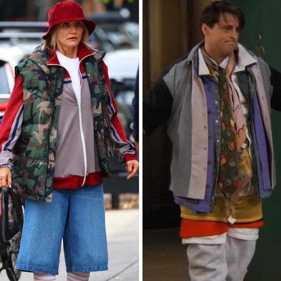 cameron diaz dressed in baggy clothes next to a picture of joey from friends