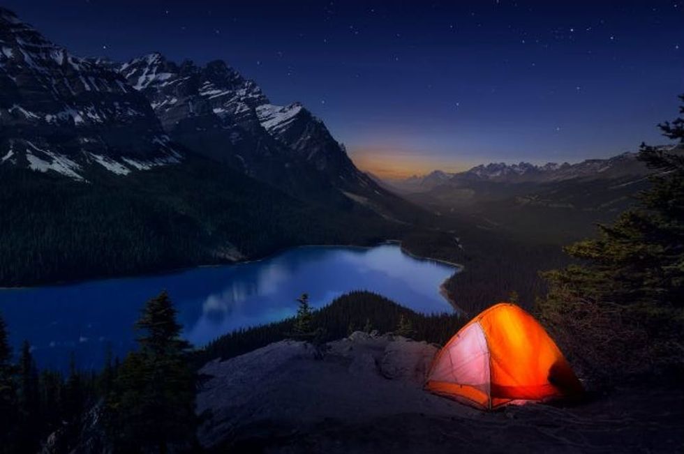 camping at night banff tent