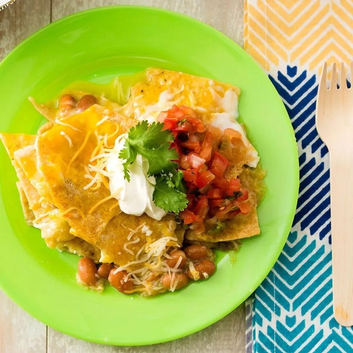 Camping Foods and recipes nachos on a green plate