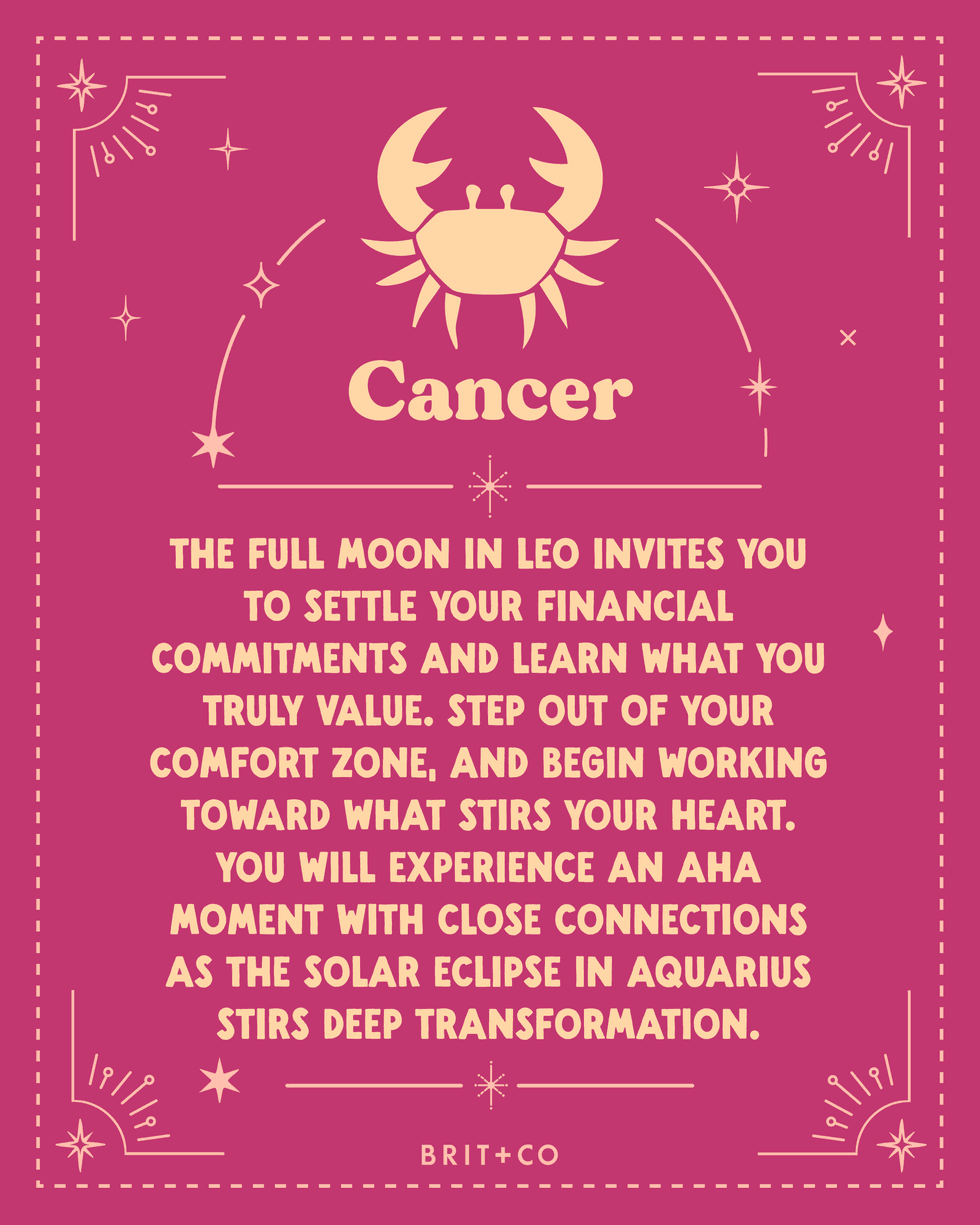 Cancer horoscope on pink background with stars and crab illustration.