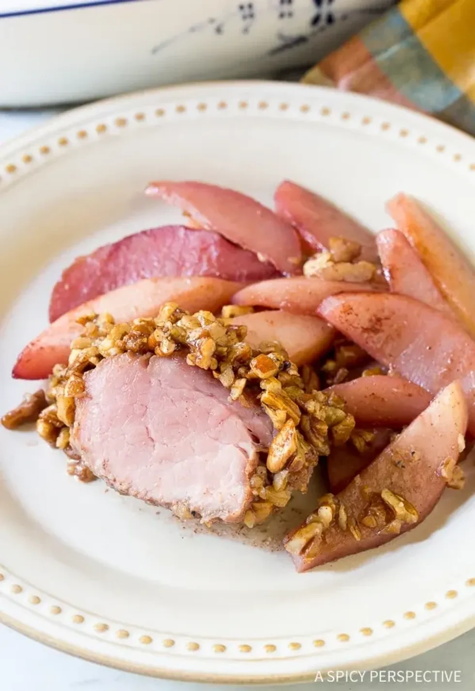 Candied Pecan Crusted Pork Tenderloin with Baked Pears
