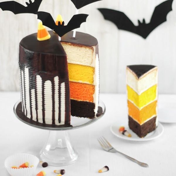 candy corn and bat wing cake