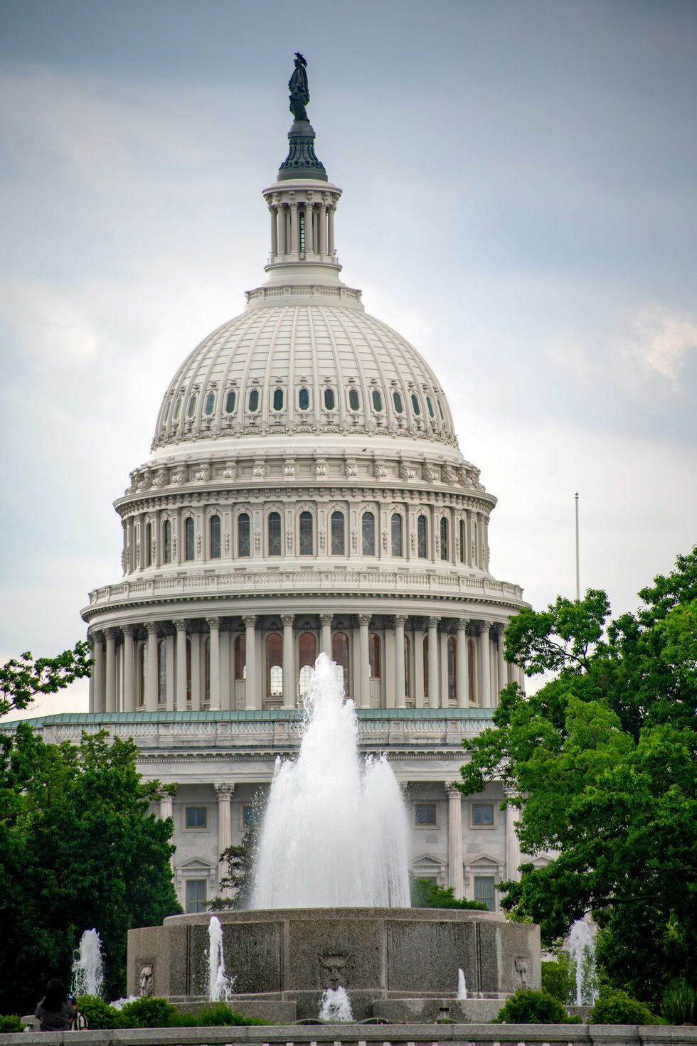 Capitol dome with a fountain in the foreground, framed by green trees.