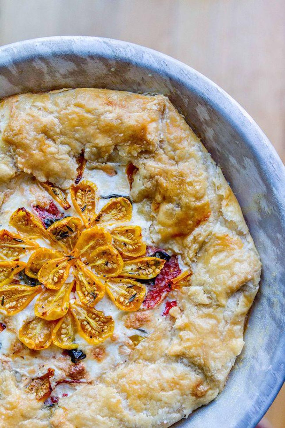 caprese galette with yellow tomatoes