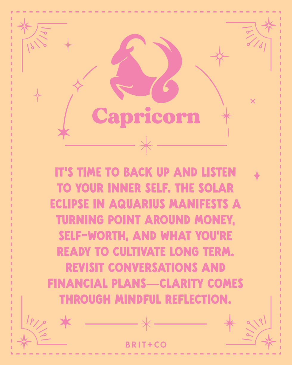 Capricorn horoscope with pink goat symbol and advice on reflection and financial clarity.