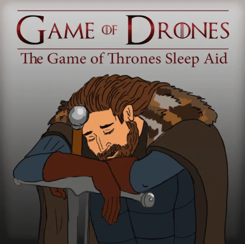 Cartoon of a sleeping knight leaning on a sword, titled "Game of Drones" sleep aid.