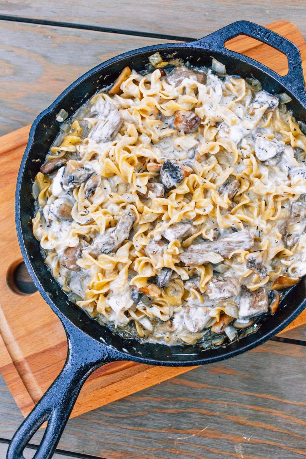 Cast iron skillet beef stroganoff is one of our favorite easy camping foods