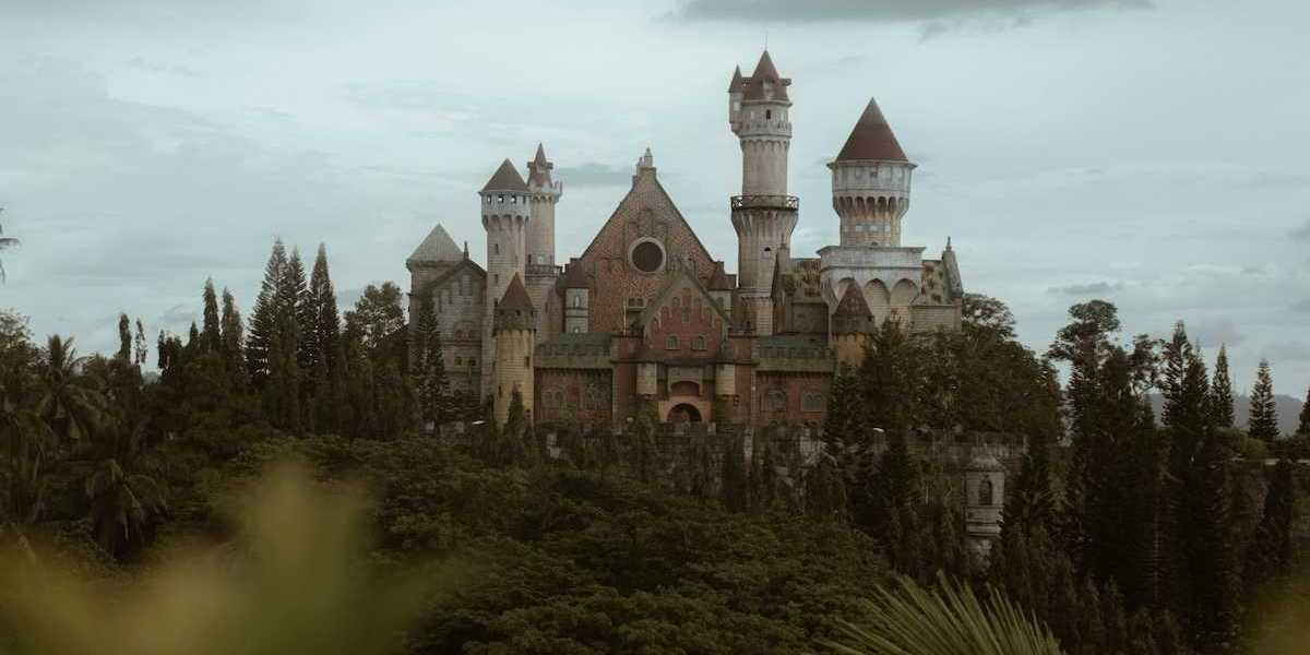 castle in a lush green forest