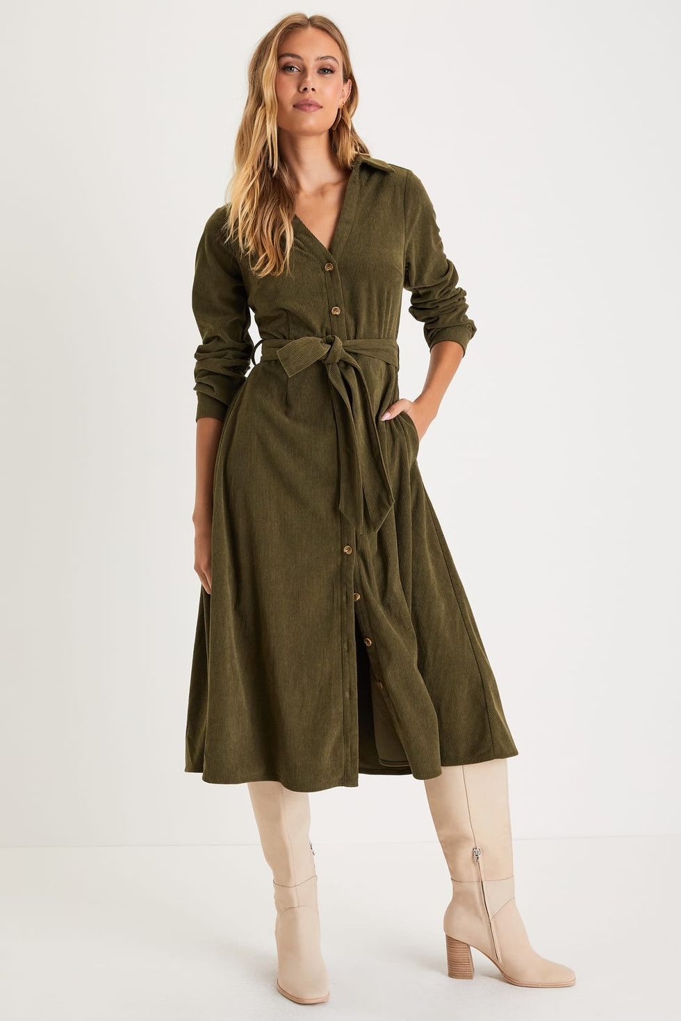 Casual Affection Olive Green Corduroy Midi Dress with Pockets