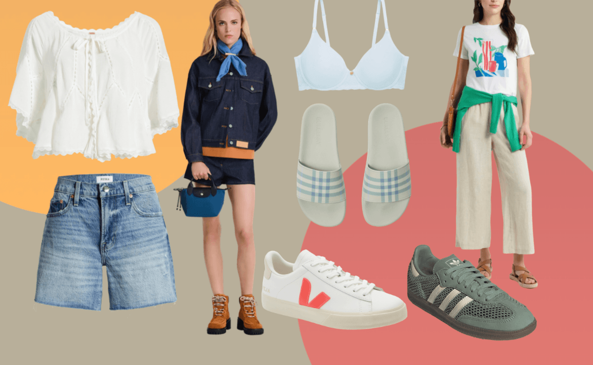 Casual outfits collage with shorts, tops, sneakers, sandals, and accessories.