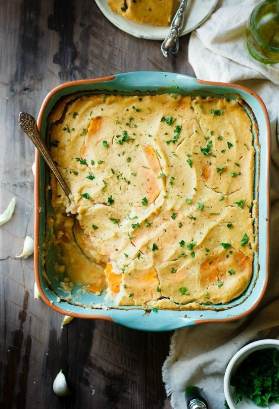 Cauliflower Alfredo Scalloped Sweet Potatoes vegan casserole