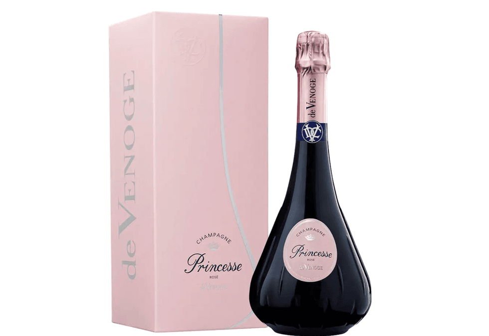 Champagne bottle with pink box, labeled "de Venoge Princesse Ros\u00e9."