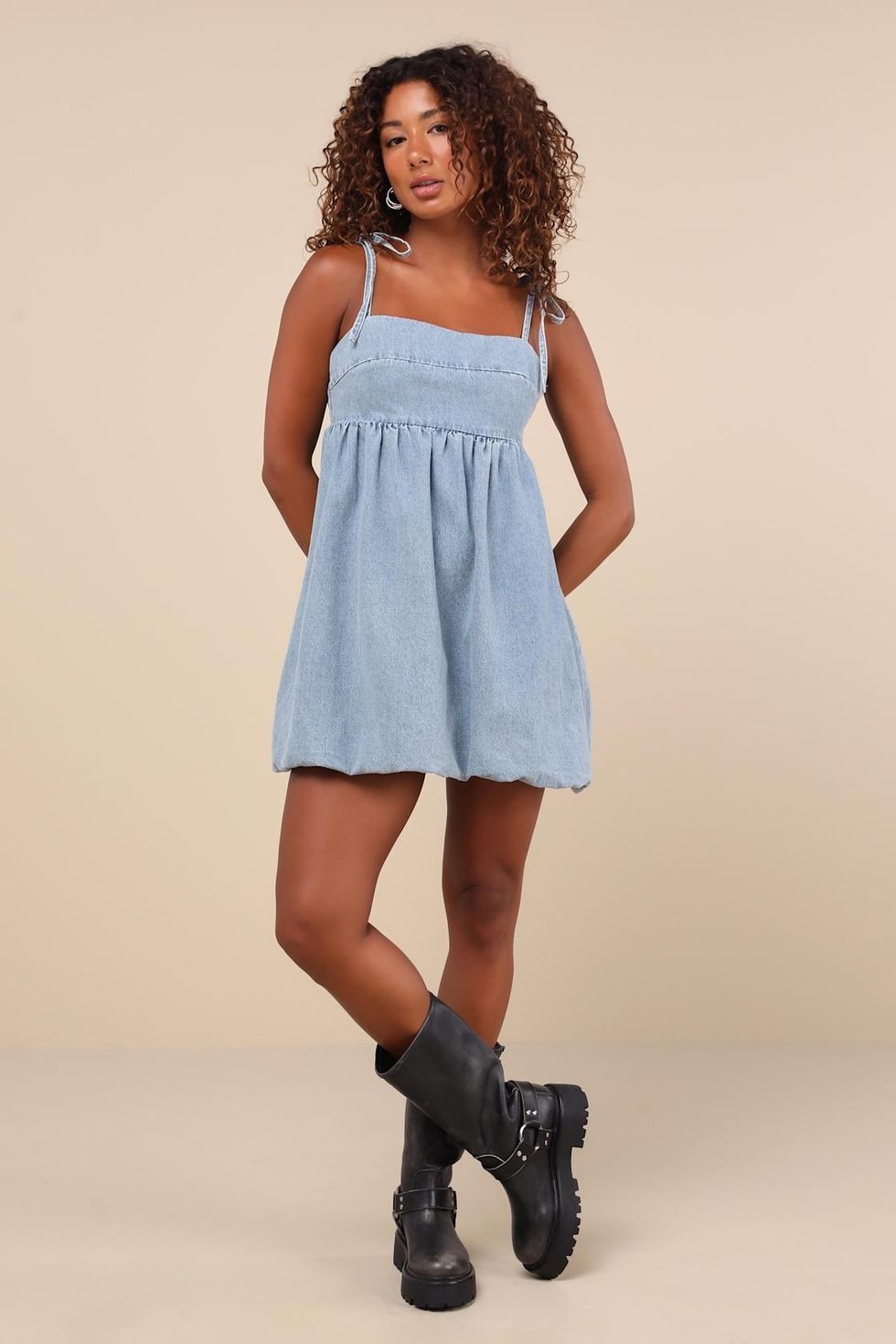 Charmed Aura Light Wash Denim Tie-Strap Bubble-Hem Mini Dress