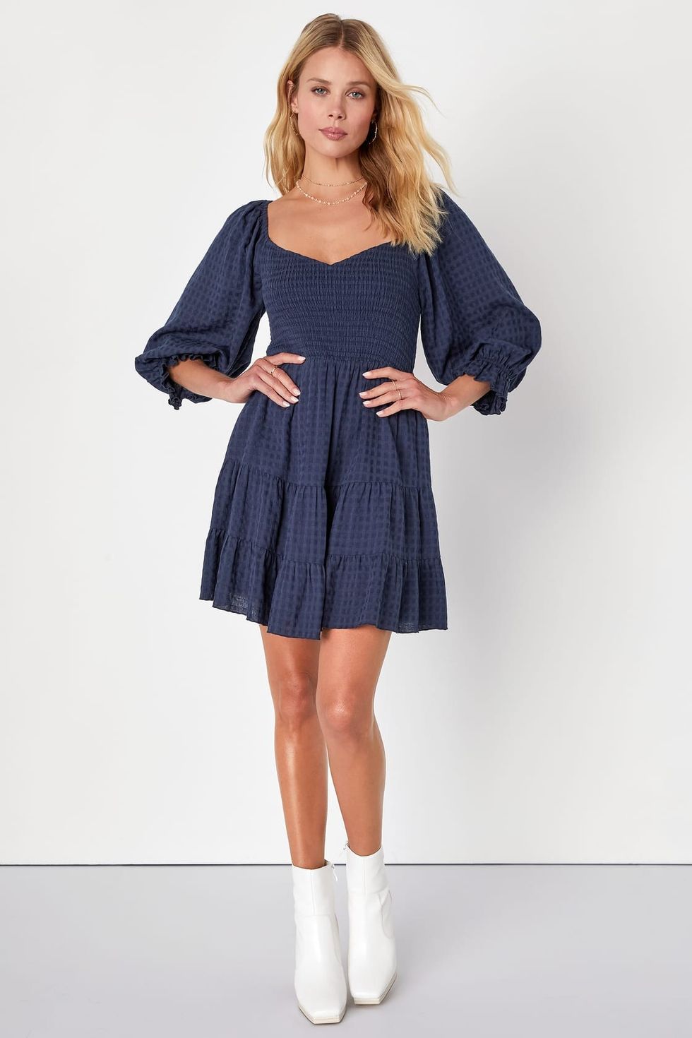 Charming Afternoon Navy Blue Gingham Balloon Sleeve Mini Dress