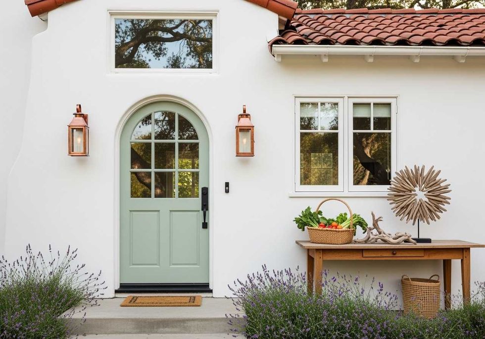 Charming entrance with mint green door, lavender plants, and rustic decor on a wooden table.