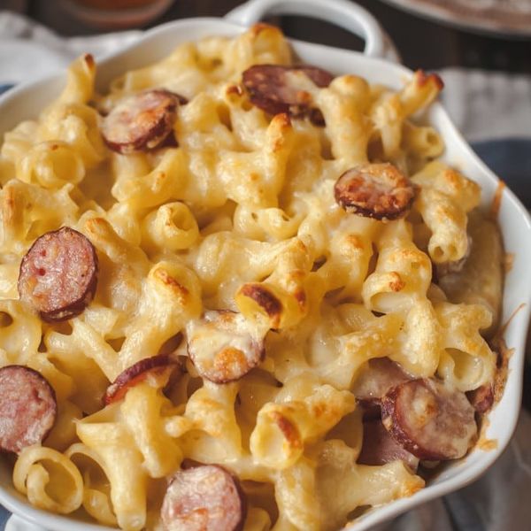 CHEDDAR AND GRUYERE MAC AND CHEESE WITH POLISH KIELBASA