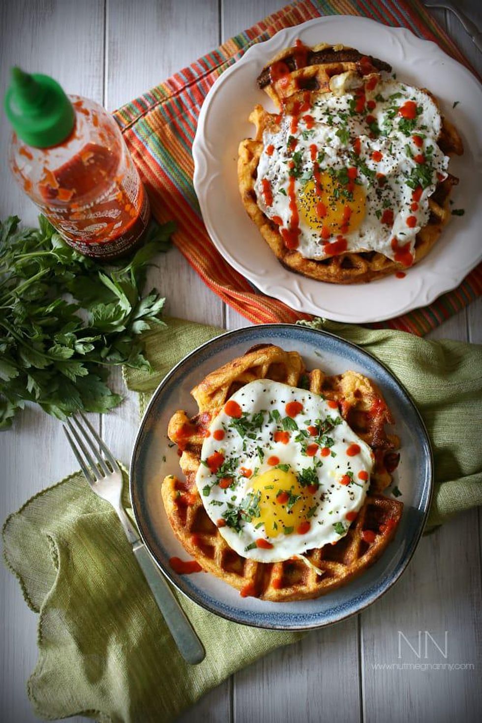 Cheddar-Sausage-Sriracha Cornmeal Waffles