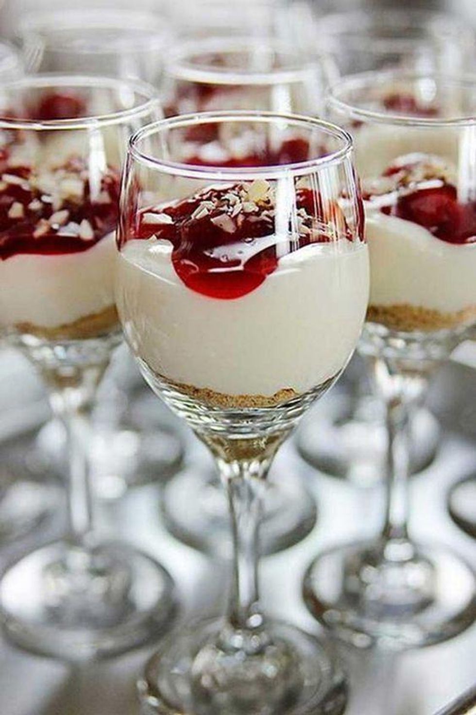 Cherry Cheesecake Shooters in stem glasses