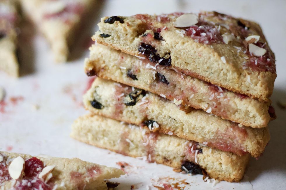 Cherry-Cranberry Almond Paleo Scones stacked