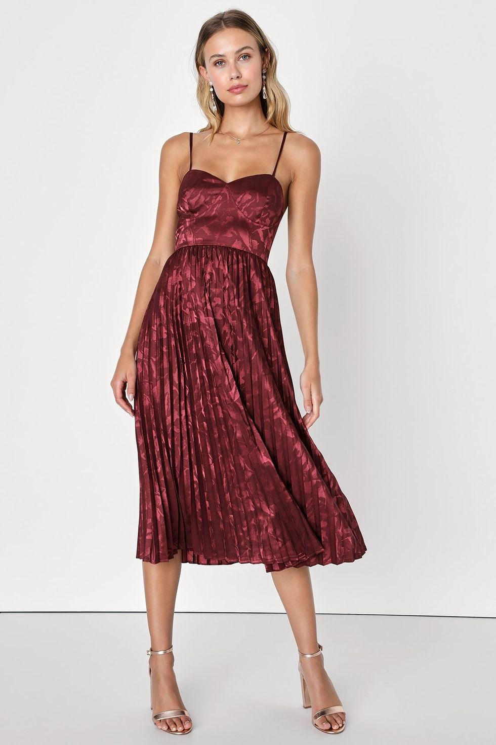Chic Sensibility Burgundy Satin Jacquard Pleated Midi Dress