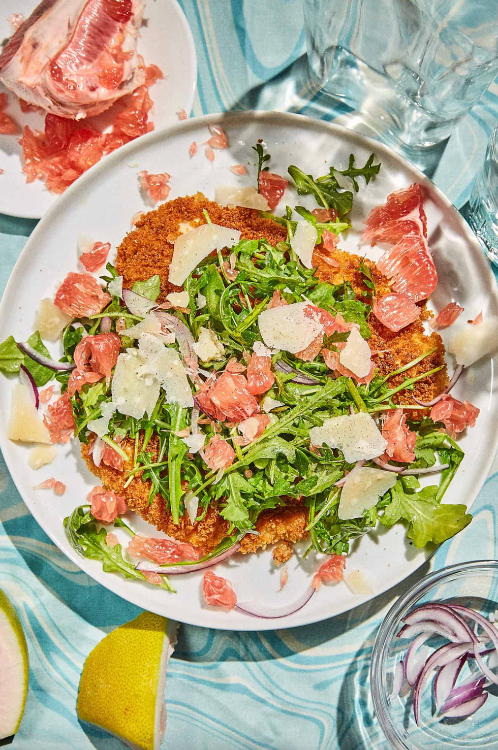 Chicken Cutlets with Arugula & Pomelo