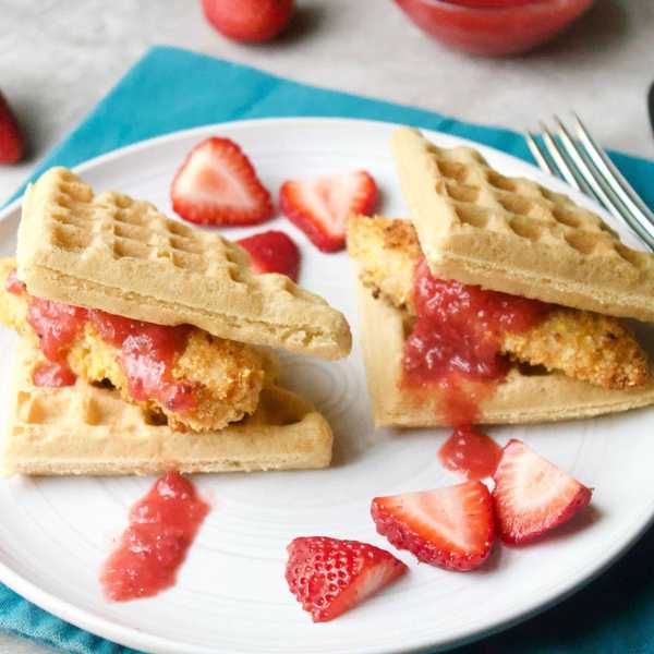 Chicken + Waffles with Maple-Strawberry Sauce