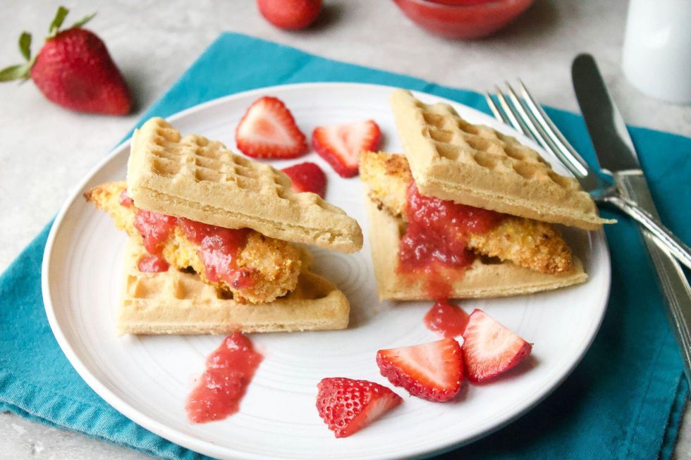 Chicken + Waffles with Maple-Strawberry Sauce
