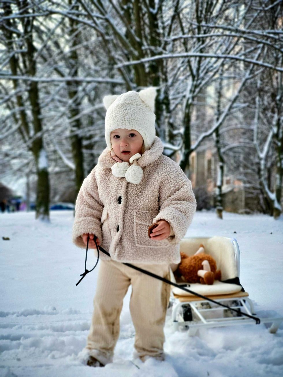 Child in winter clothing pulls sled with teddy bear in snowy forest.