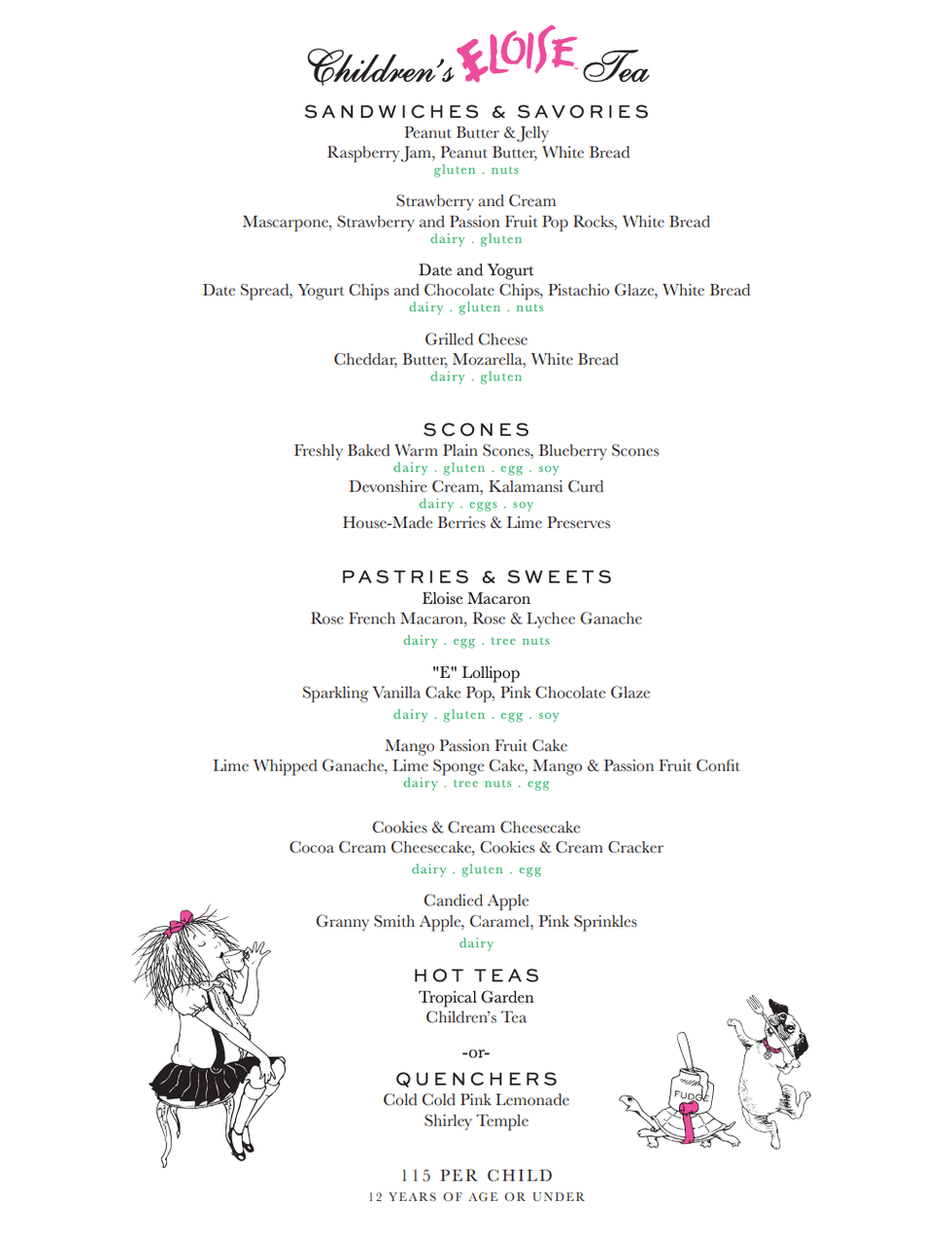Children's Eloise Tea menu featuring sandwiches, scones, pastries, sweets, and beverages.