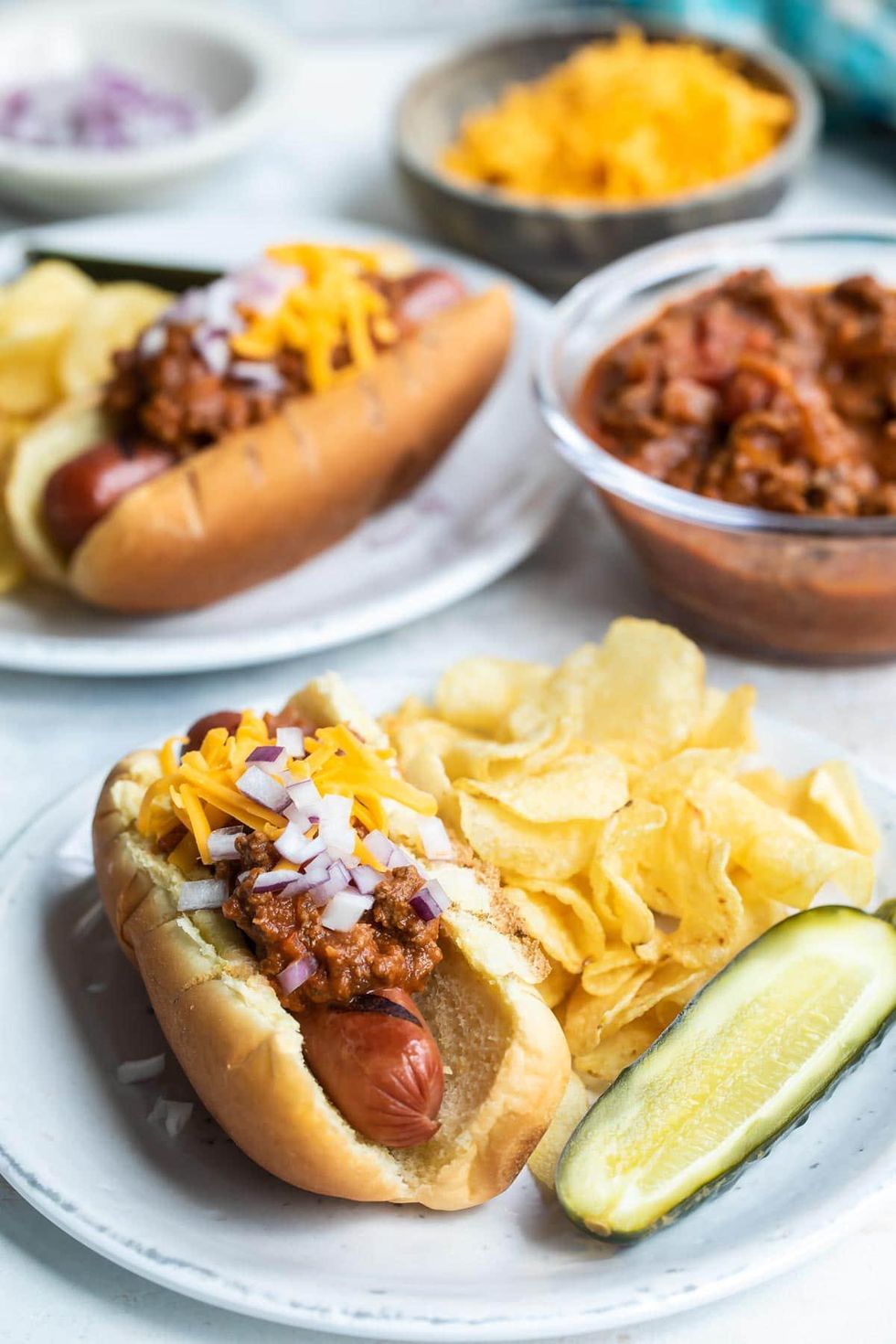 chili dogs with cheese and onions
