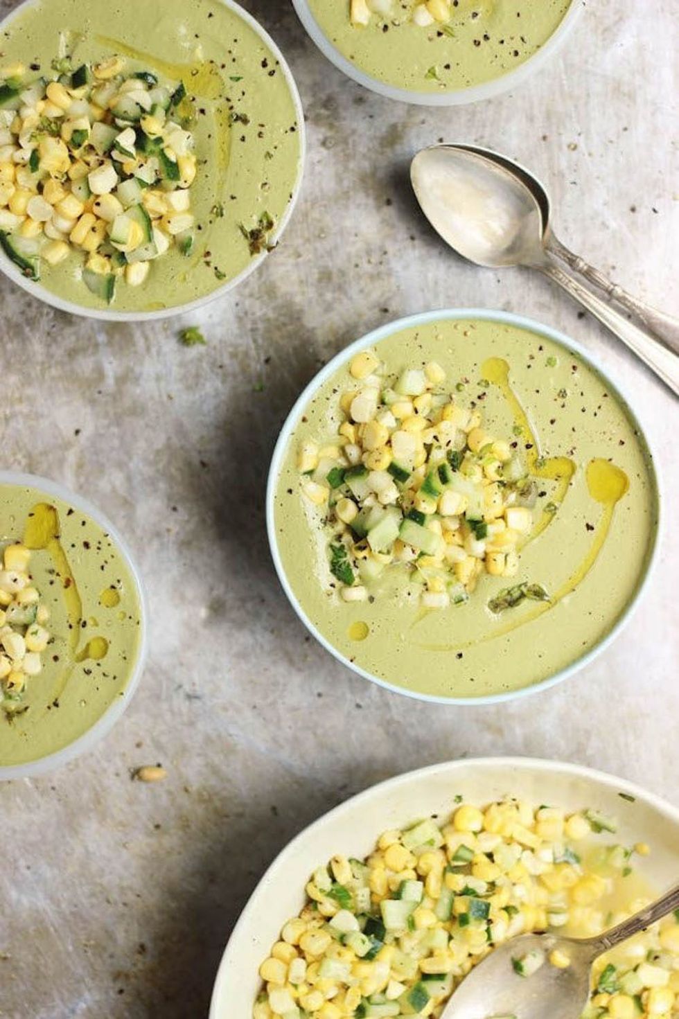 Chilled Cream of Basil Soup With Corn Cucumber Salad