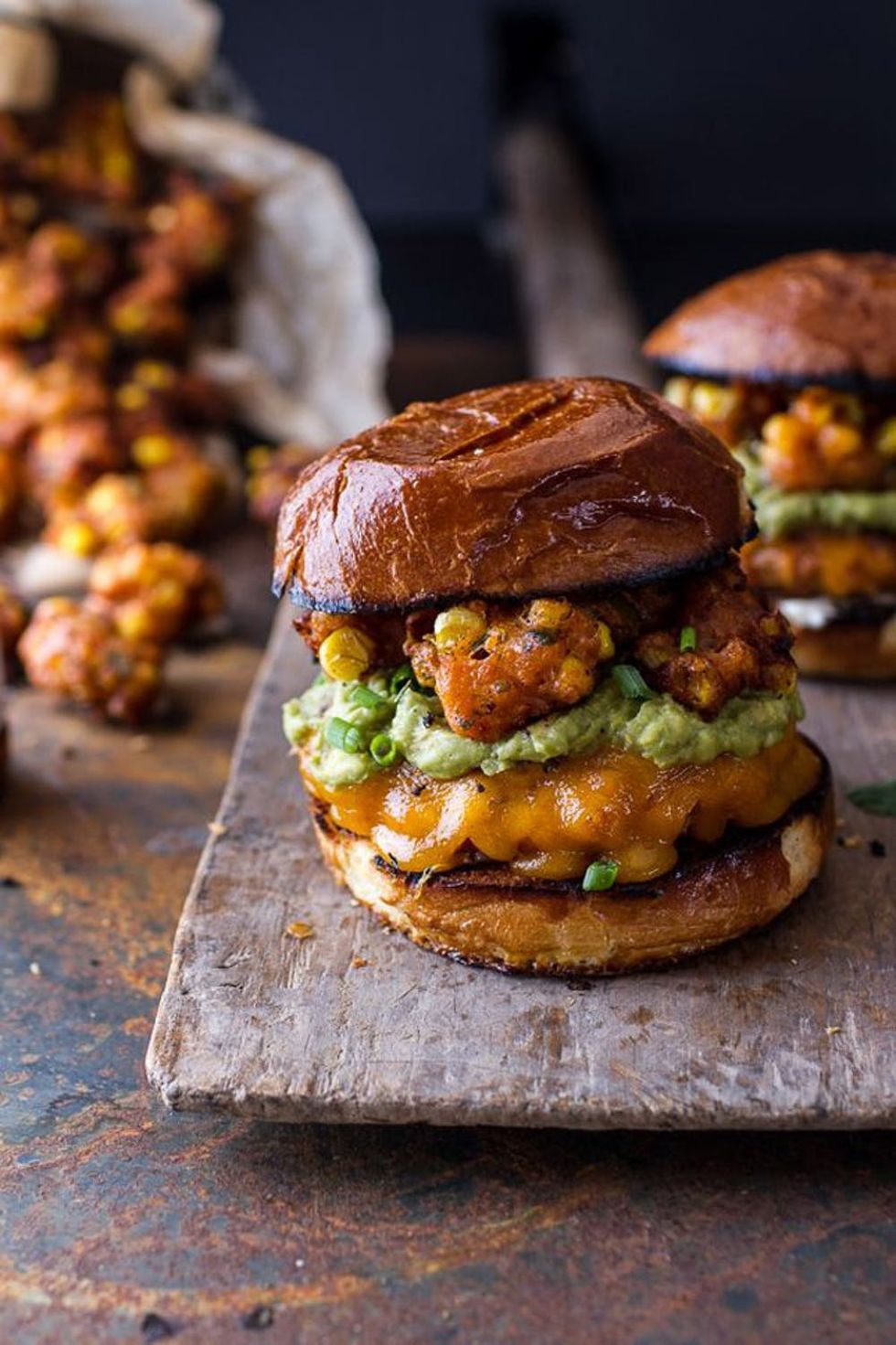 Chipotle Cheddar and Corn Fritter Burgers