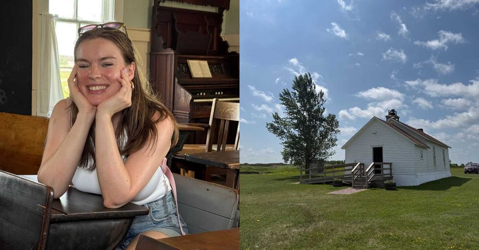 chloe williams sitting a desk and the schoolhouse in de smet south dakota