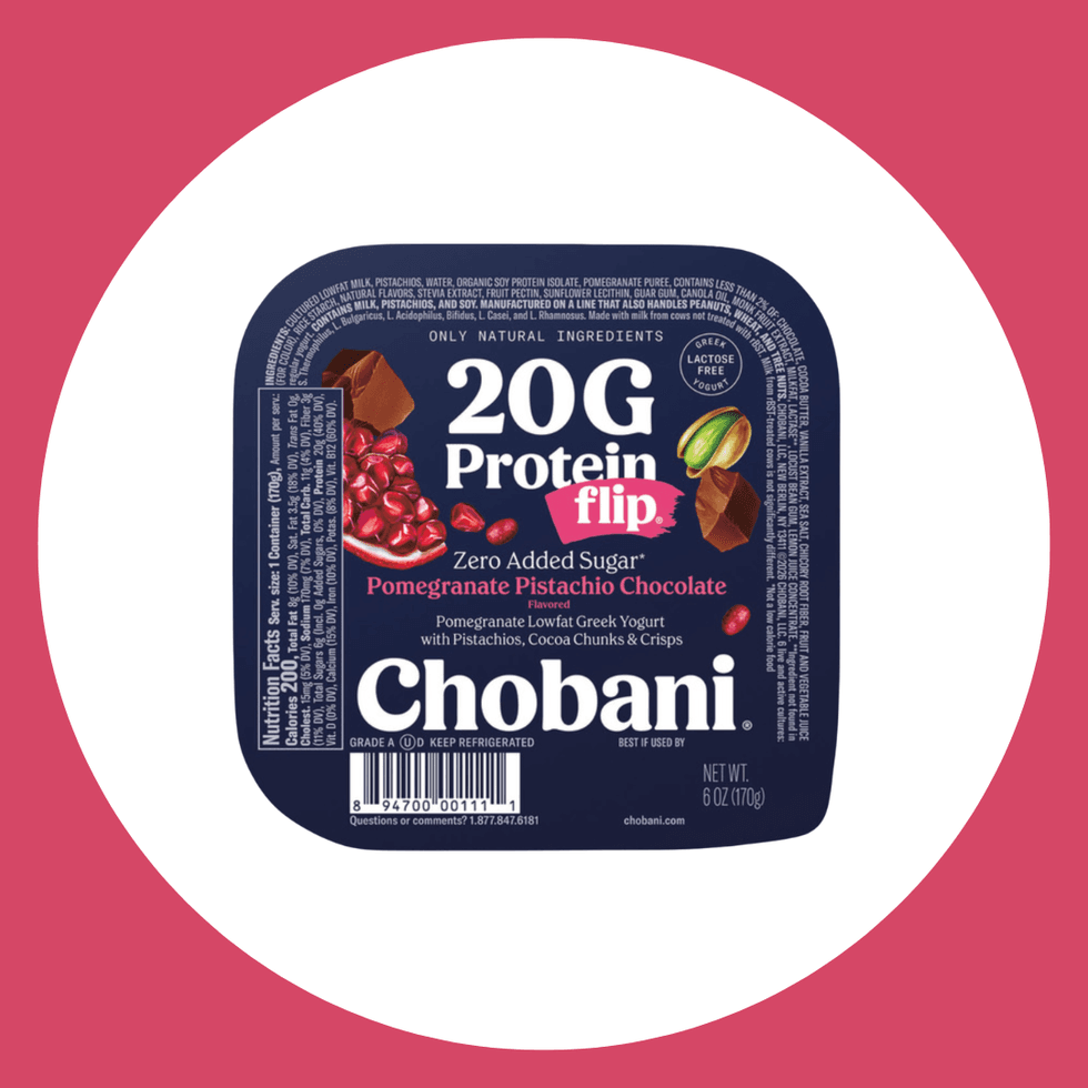 Chobani Pomegranate Pistachio Chocolate yogurt, 20g protein, zero added sugar.