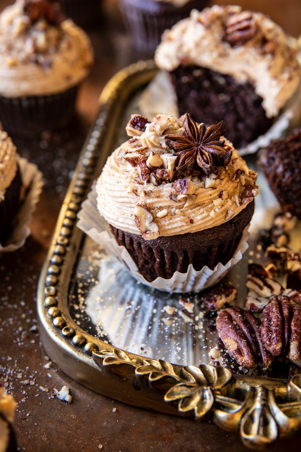 Chocolate Bourbon Chai Latte Cupcakes with Butter Pecan Frosting