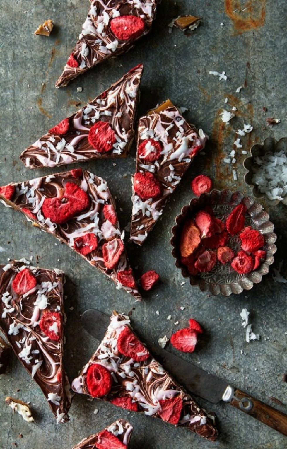 Chocolate Caramel Matzo Bark With Strawberries and Coconut