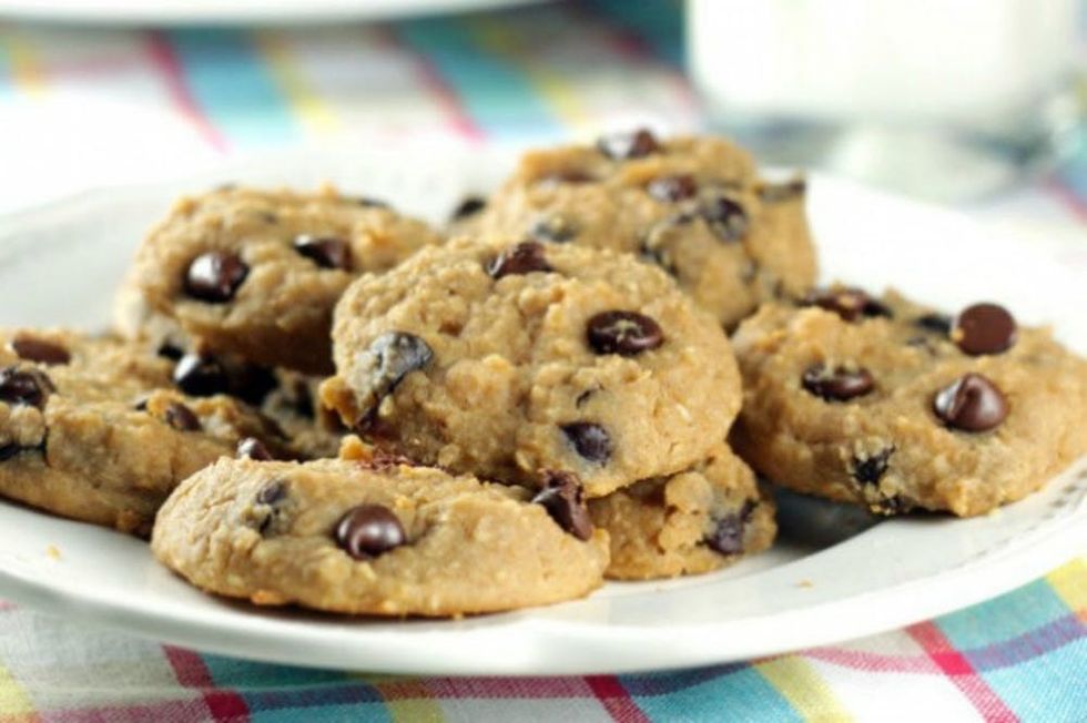 Chocolate Chip Cookies with an applesauce egg substitute on a plate on checkered tablecloth